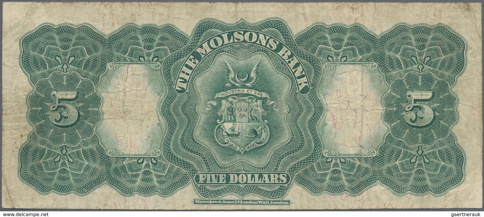 Canada: The Molsons Bank 5 Dollars 1912, P.S1235, Very Rare And Seldom Offered Note, Still Great Con - Kanada