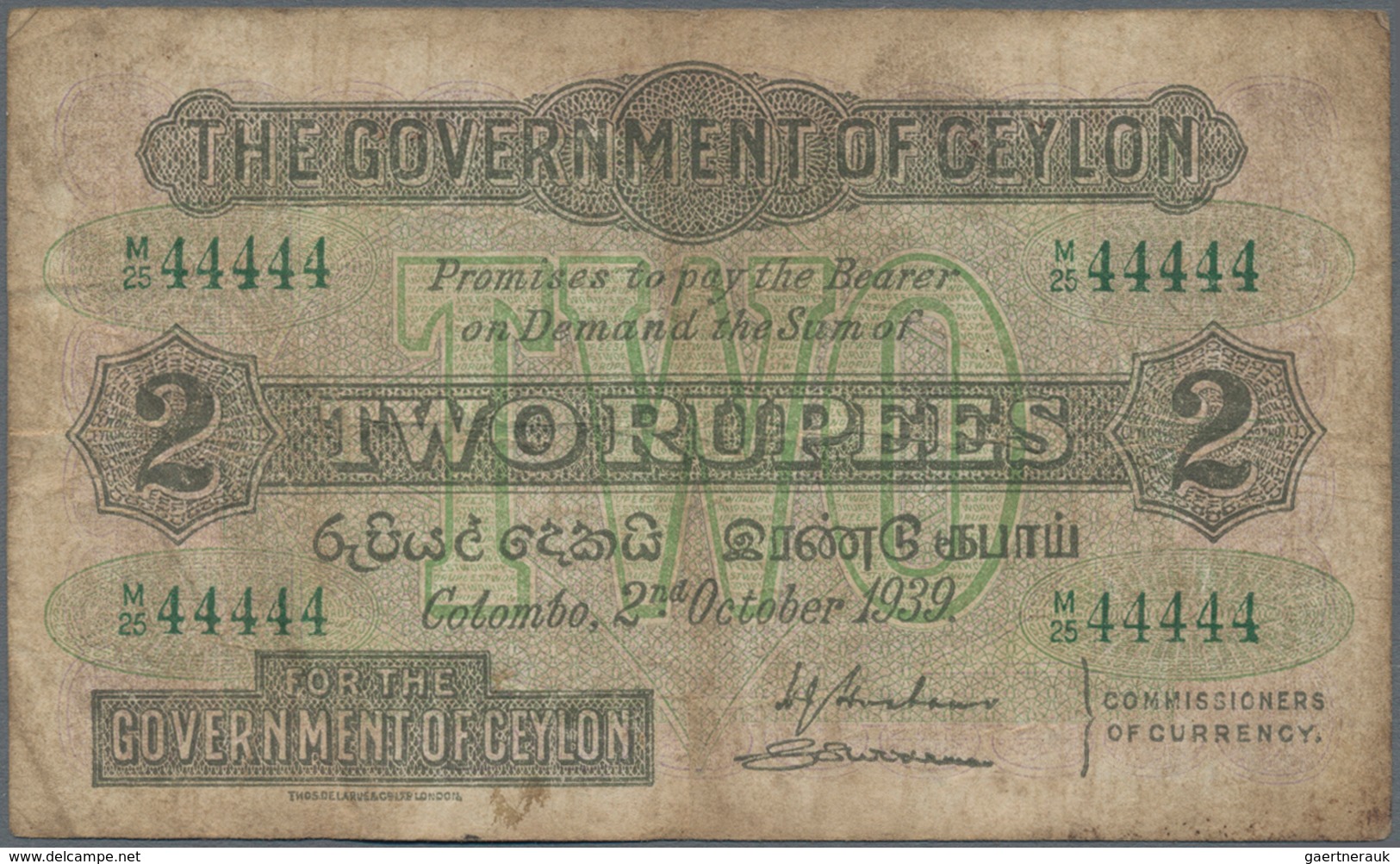 Ceylon: Nice Pair With Ceylon 2 Rupees 1939 P.21b (VG/F-) And For The Ottoman Empire 1 Piastre 1913 - Sri Lanka