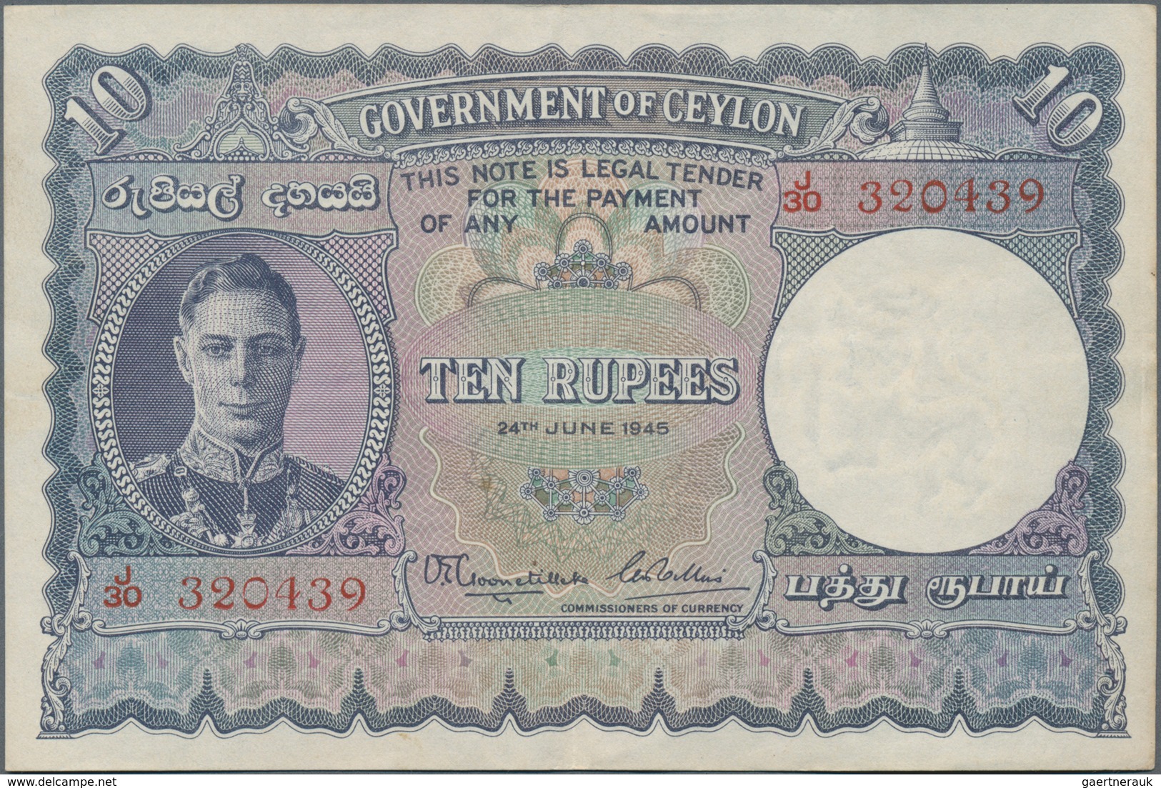 Ceylon: The Government Of Ceylon 10 Rupees 1945, P.36A, Great Condition Without Pinholes Or Repairs, - Sri Lanka