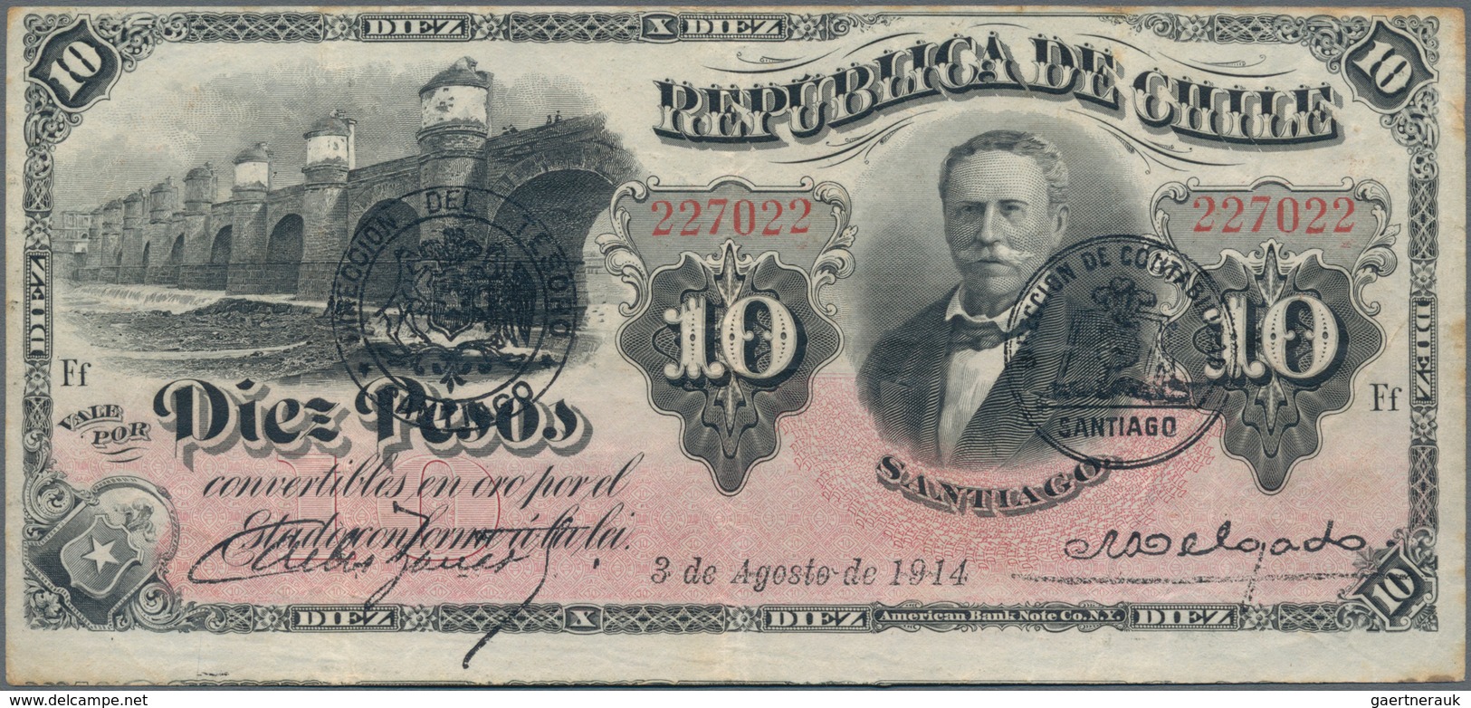 Chile: Republica De Chile 10 Pesos 1914, P.21b, Beautiful Banknote, Still In Good Condition With Bri - Chili