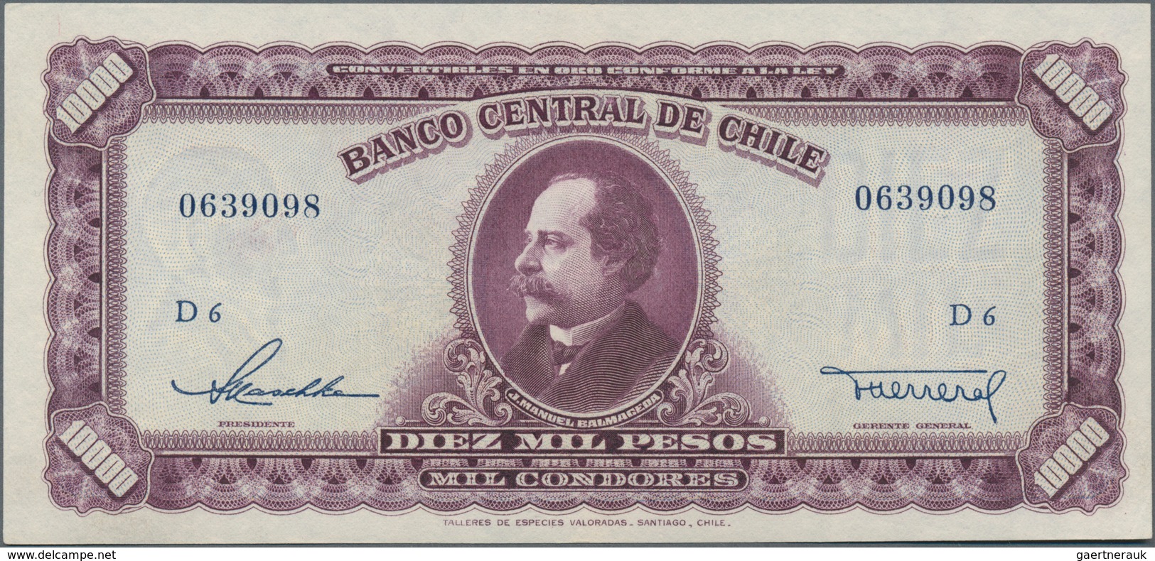 Chile: Banco Central De Chile 10.000 Pesos ND(1947-59), P.118, Tiny Dint At Upper Left, Otherwise Pe - Chili