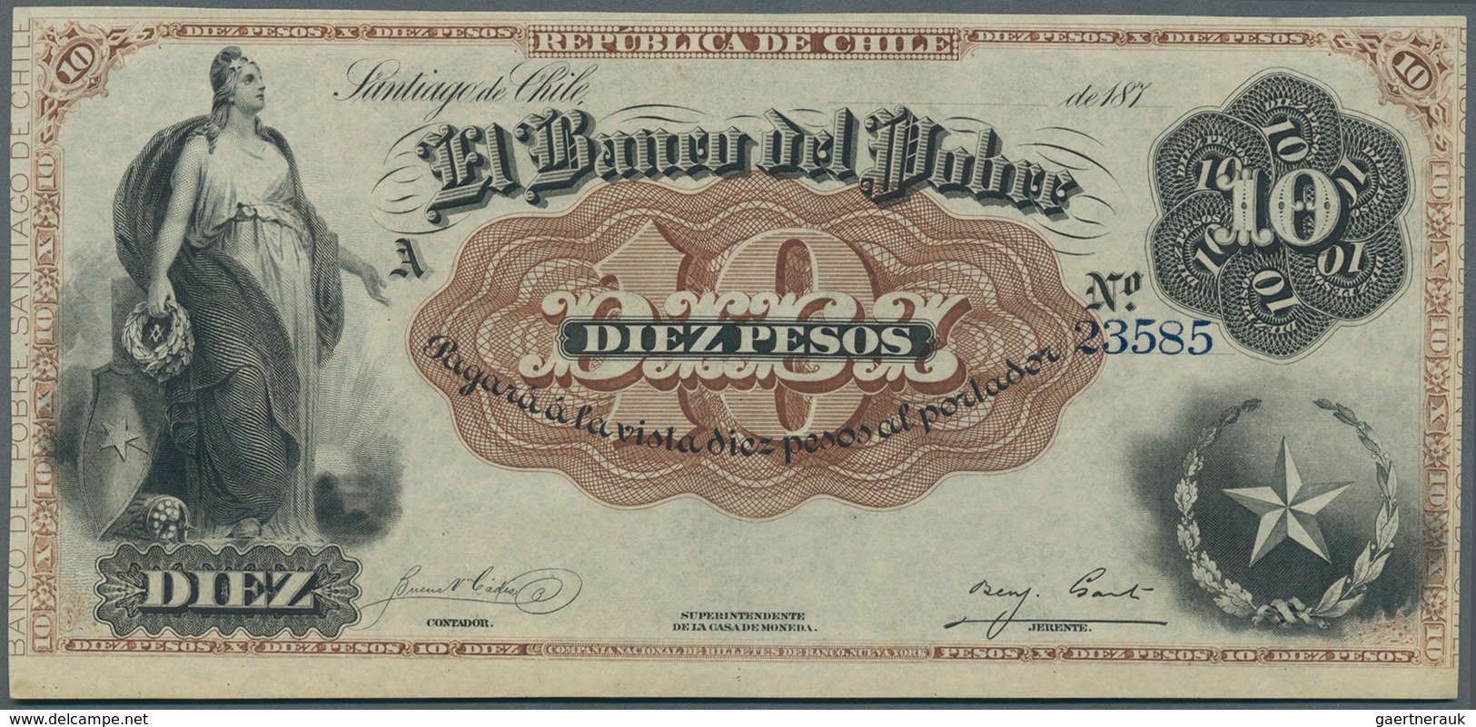 Chile: El Banco Del Pobre 10 Pesos 187x P. S363r, Remainder, Very Light Center Bend, Otherwise Perfe - Chili