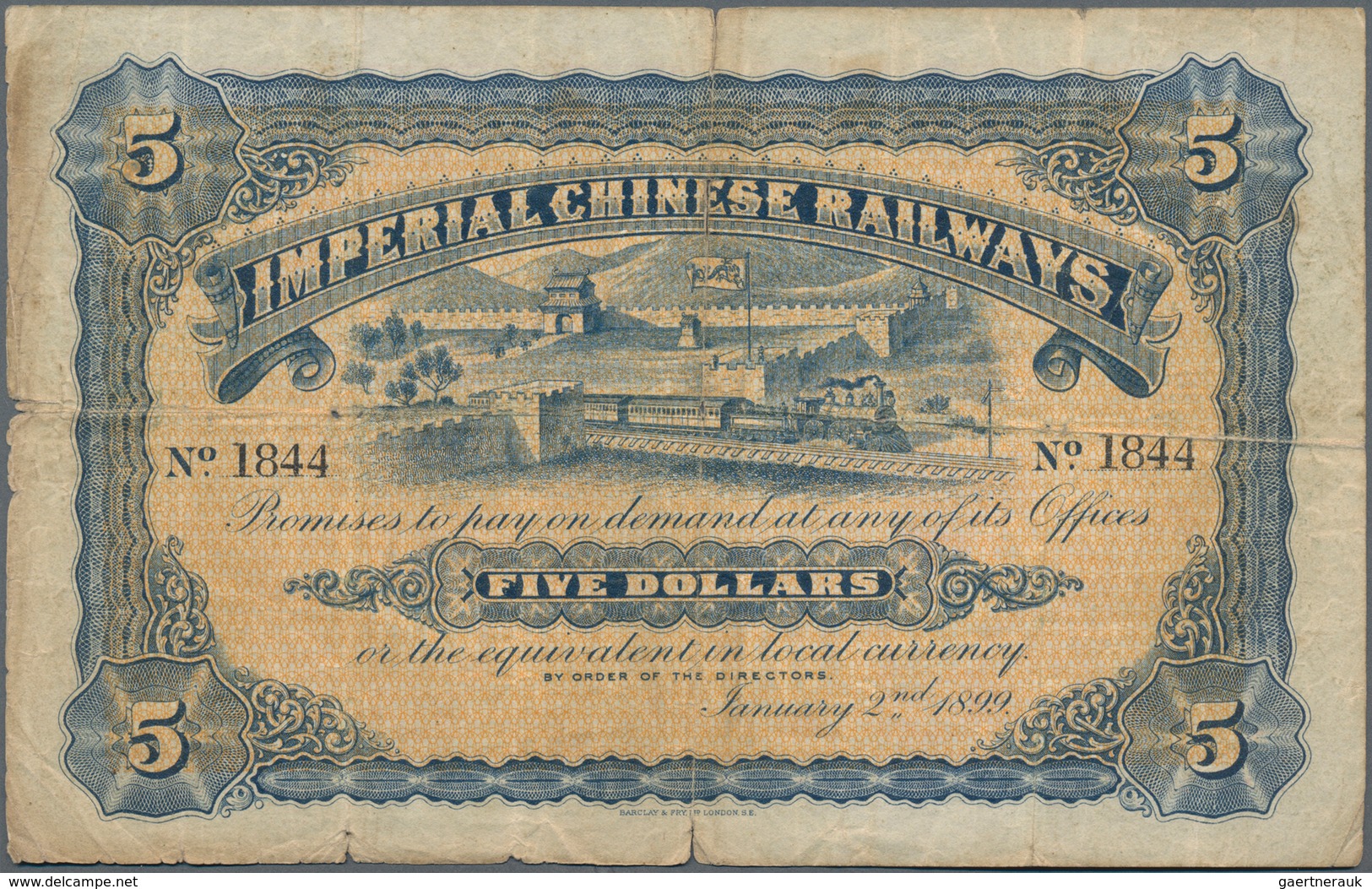 China: Imperial Chinese Railways 5 Dollars 1899, P.A60, Still Nice With Small Border Tears And Light - China