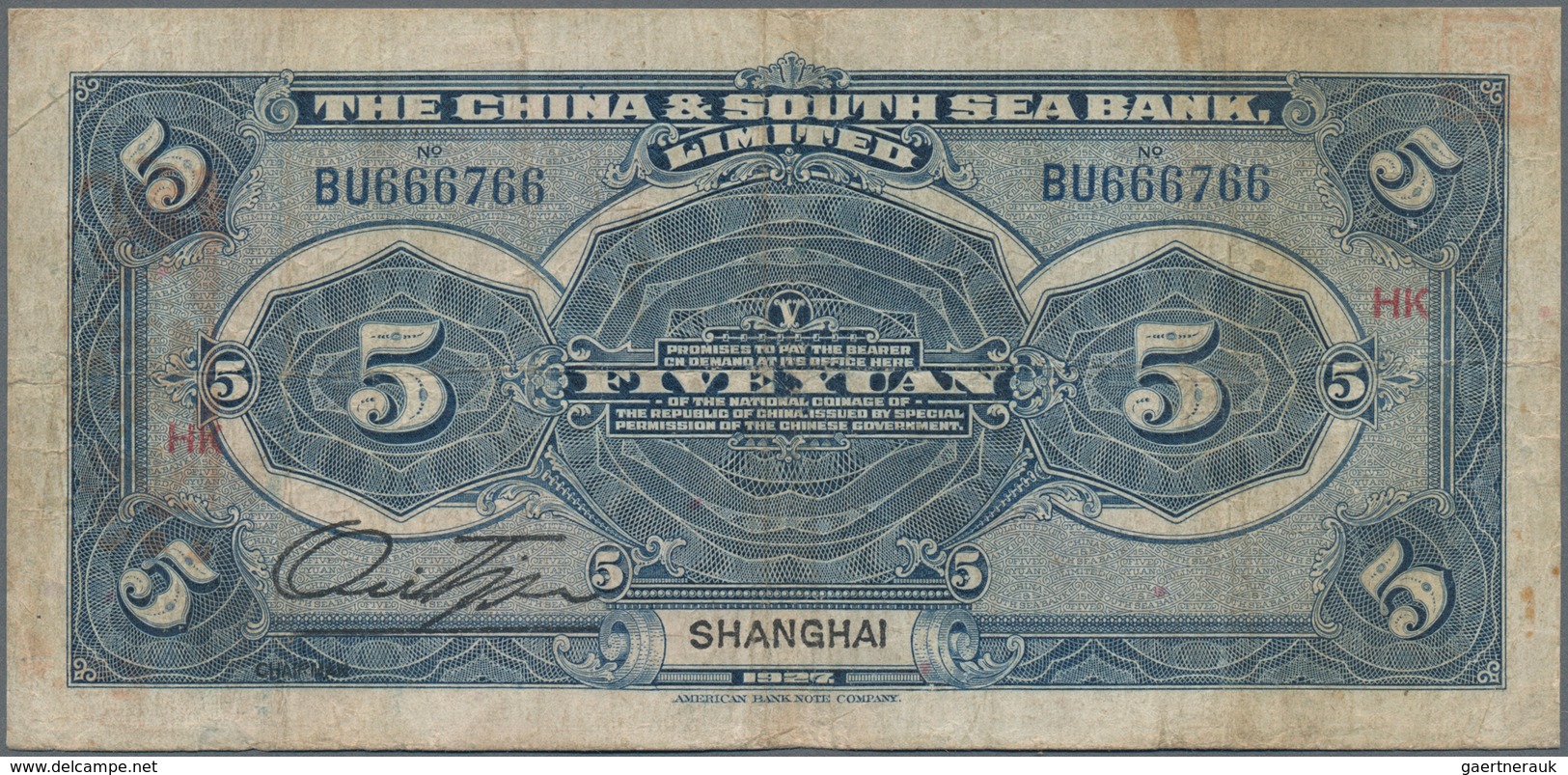 China: China And South Sea Bank 5 Yuan 1927, With Red Color On Front; Blue Color On Back And Place O - China