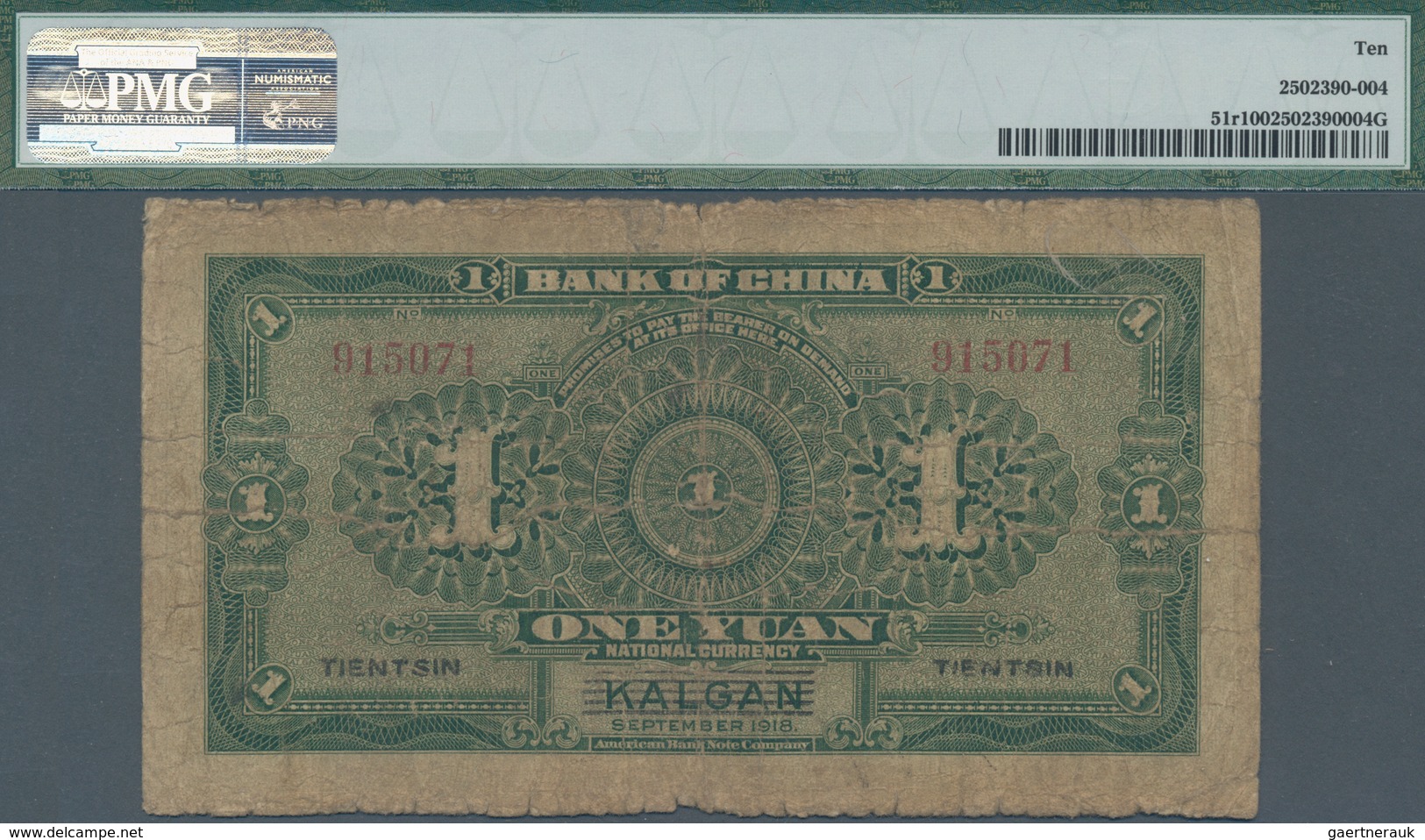 China: Bank Of China – TIENTSIN / KALGAN 1 Yuan 1918, P.51r, Almost Well Worn Condition And PMG Grad - China