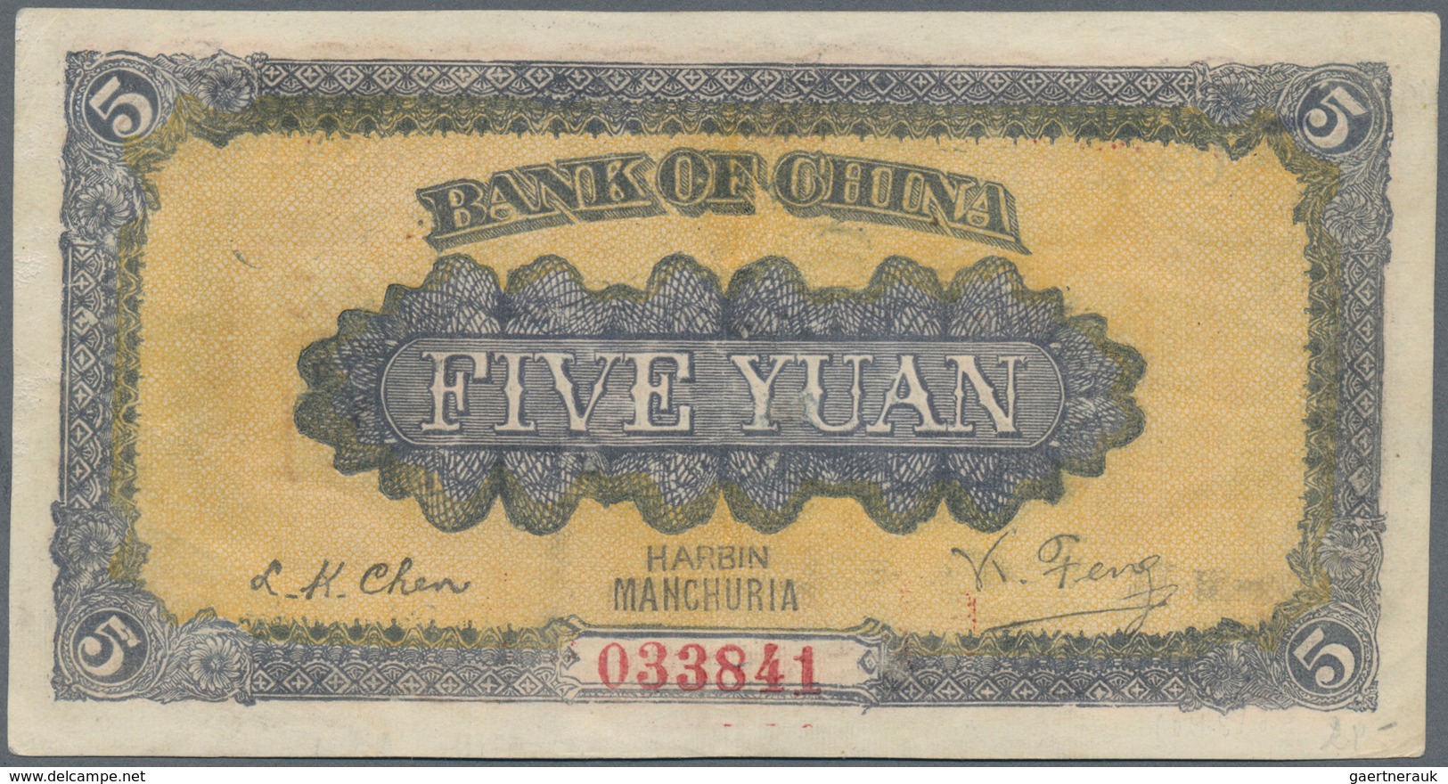 China: Bank Of China – HARBIN 5 Yuan 1919, P.59a, Great Condition With Stronger Vertical Folds And A - Chine