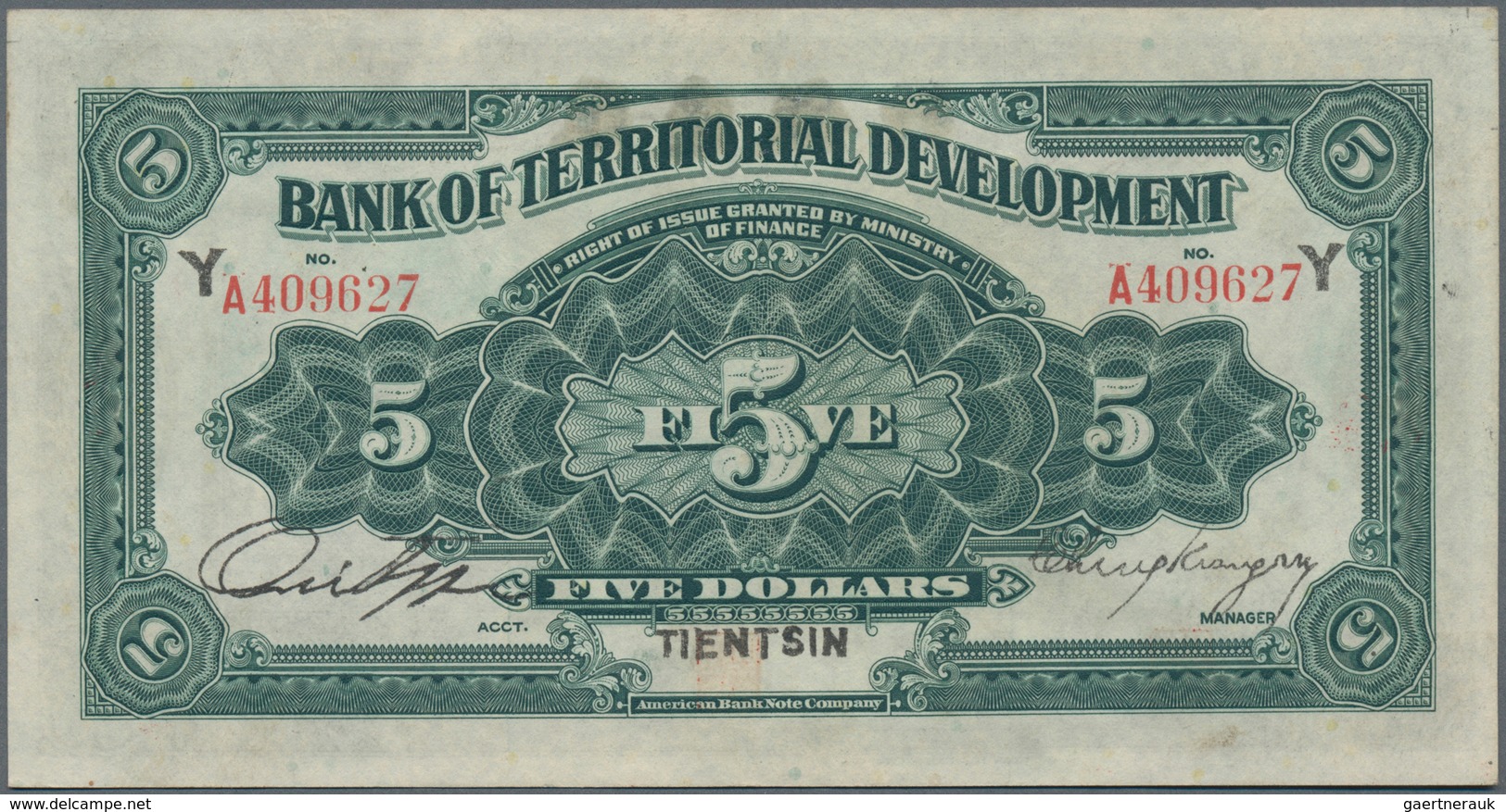 China: Bank Of Territorial Development 5 Dollars ND(1916), Place Of Issue: TIENTSIN, P.583b, Almost - Chine
