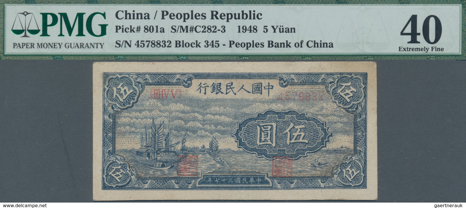 China: Peoples Bank Of China 5 Yuan 1948, P.801a, Great Condition With A Few Minor Spots, PMG Graded - Chine