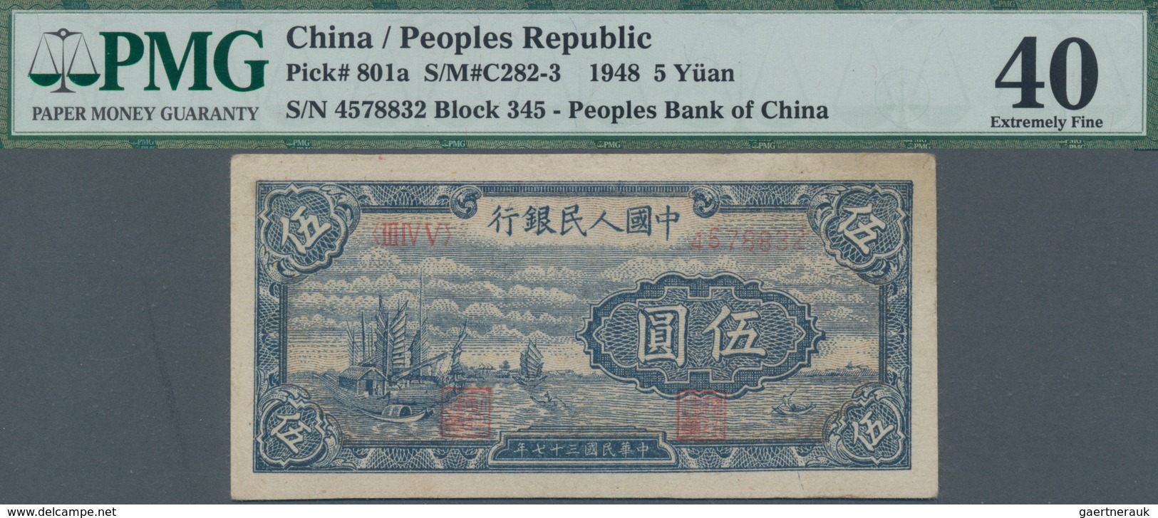China: Peoples Bank Of China 5 Yuan 1948, P.801a, Great Condition With A Few Minor Spots, PMG Graded - China