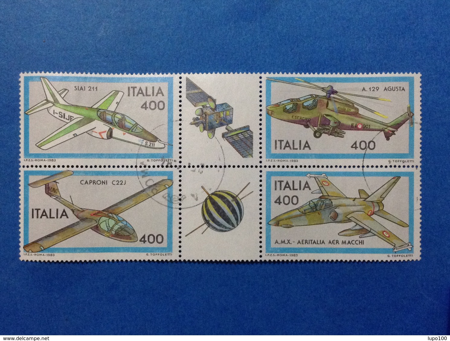 1983 ITALIA AEREI COSTRUZIONI AERONAUTICHE BLOCCO CON APPENDICE FRANCOBOLLI USATI ITALY STAMPS USED - 1981-90: Afgestempeld