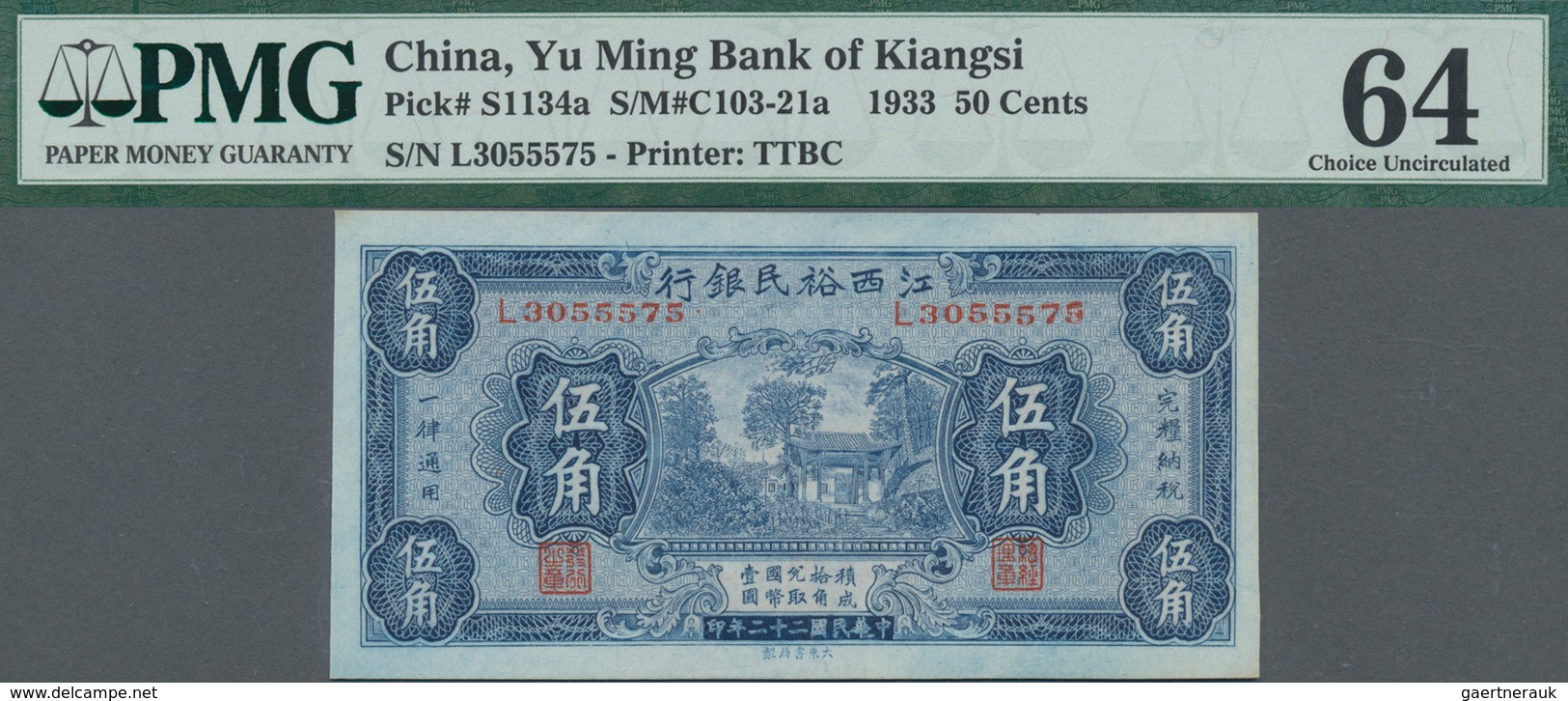 China: Yu Ming Bank Of Kiangsi 50 Cents 1933, P.S1134a, PMG Graded 64 Choice Uncirculated. Rare! - China