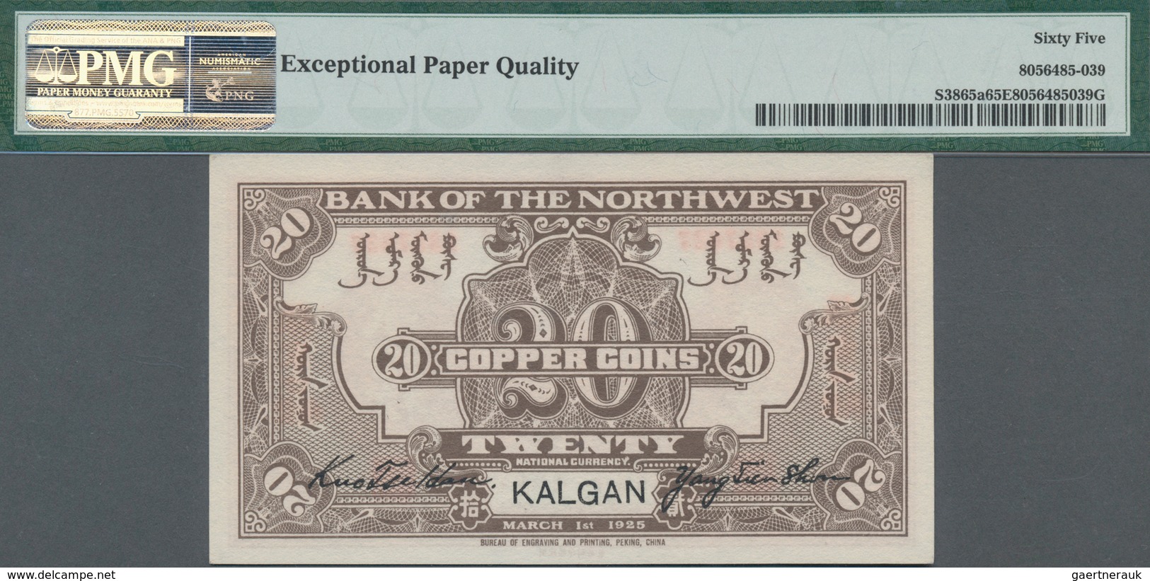 China: Bank Of The Northwest 20 Coppers 1925, Place Of Issue KALGAN, P.S3865a, Rare Note And Perfect - Chine