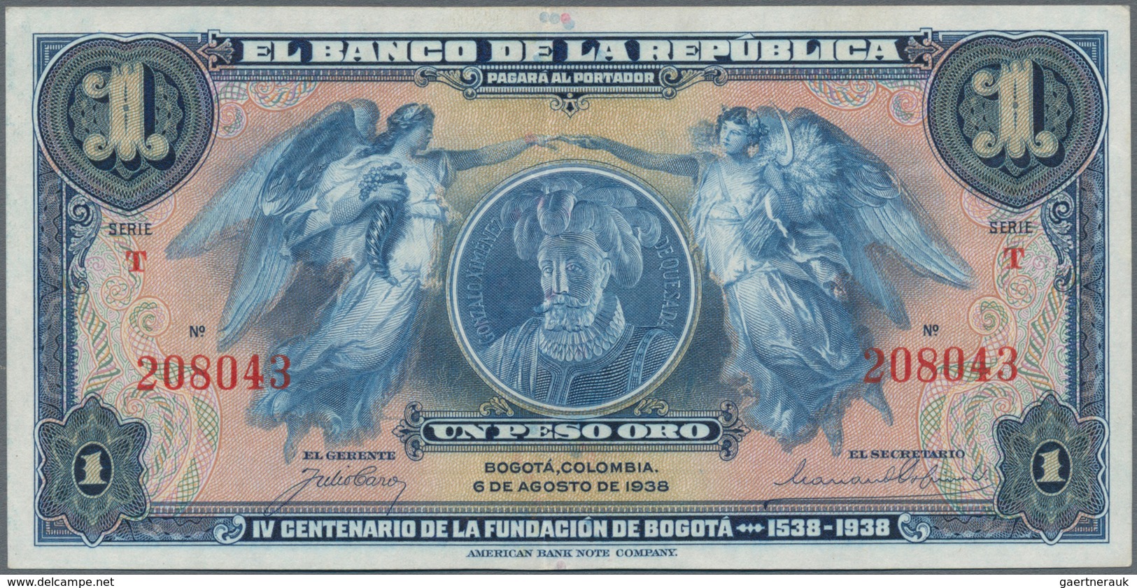 Colombia / Kolumbien: Banco De La República 1 Peso Oro 1938 Commemorating 400th Anniversary Founding - Colombie