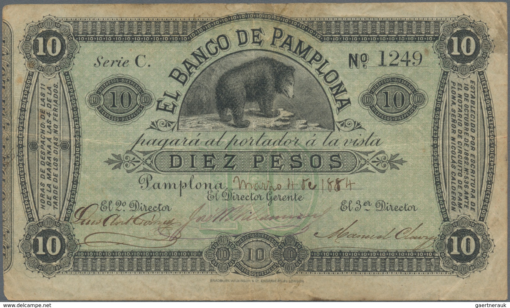 Colombia / Kolumbien: El Banco De Pamplona 10 Pesos 1884, P.S713, Seldom Offered Regional Issue, Sti - Colombia