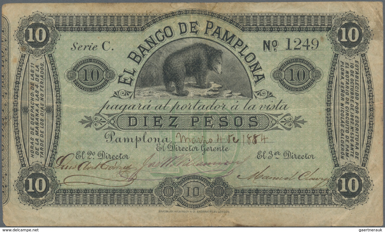 Colombia / Kolumbien: El Banco De Pamplona 10 Pesos 1884, P.S713, Seldom Offered Regional Issue, Sti - Kolumbien