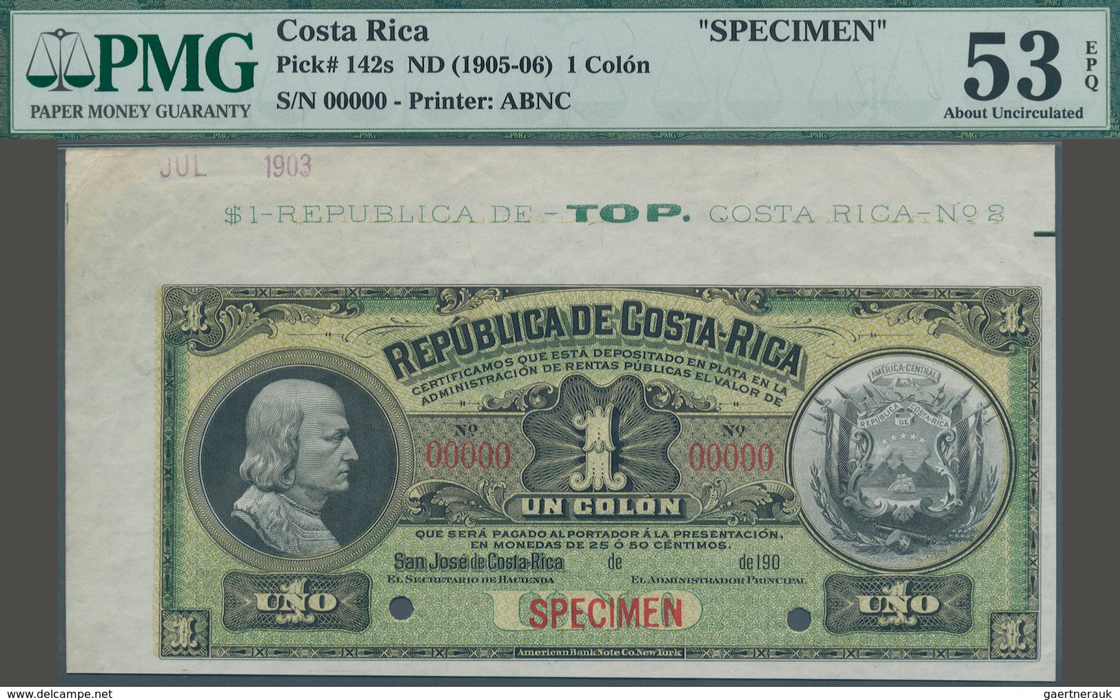 Costa Rica: 1 Colon ND(1905-06) SPECIMEN, P.142s With Hand Stamped Date July 1903 At Upper Part Of T - Costa Rica