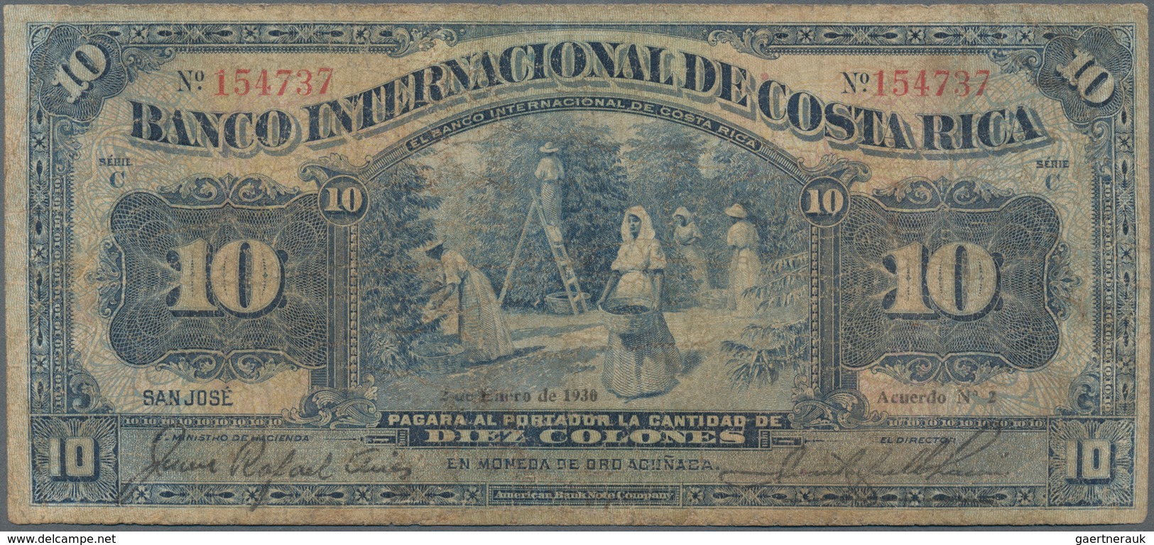 Costa Rica: El Banco Internacional De Costa Rica 10 Colones 1930, P.175b, Very Rare Especially As An - Costa Rica