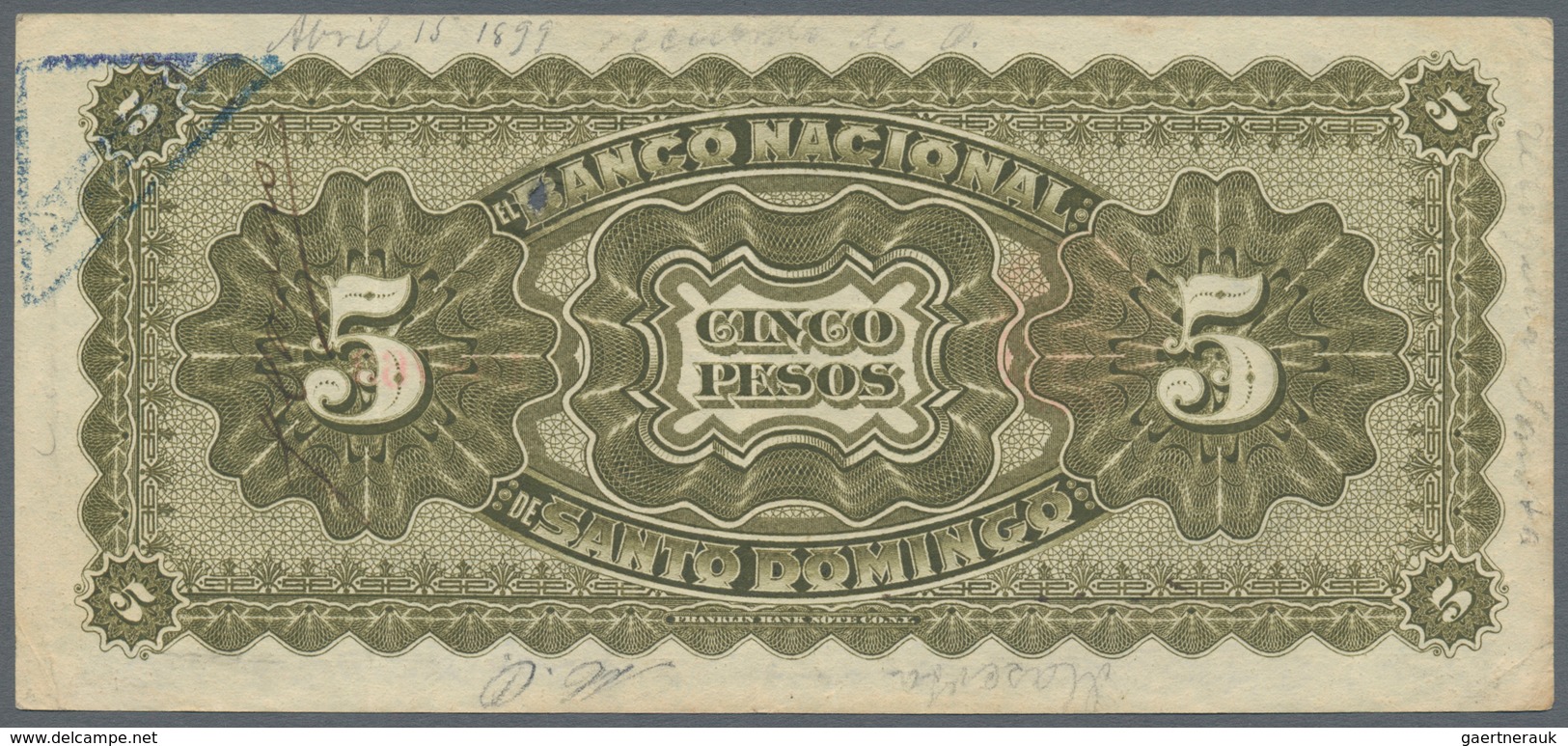 Dominican Republic: Banco Nacional De Santo Domingo ND(1898), P.S133, Tiny Hole At Upper Center And Annotati - Dominikanische Rep.