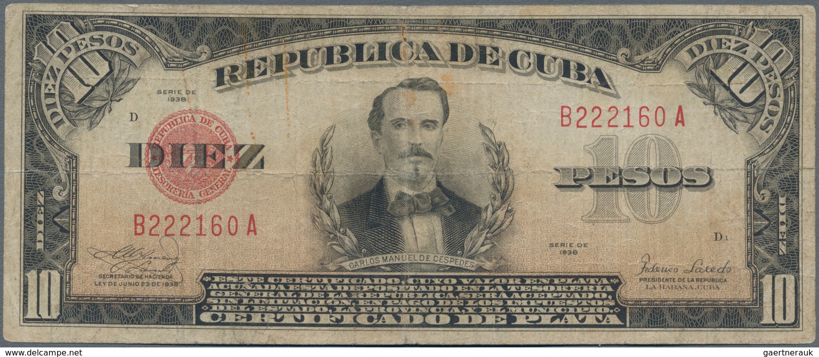 Cuba: Pair With 10 Pesos 1938 P.71d (F-/F) And 1000 Pesos 1950 P.84a (VF+). (2 Pcs.) - Cuba