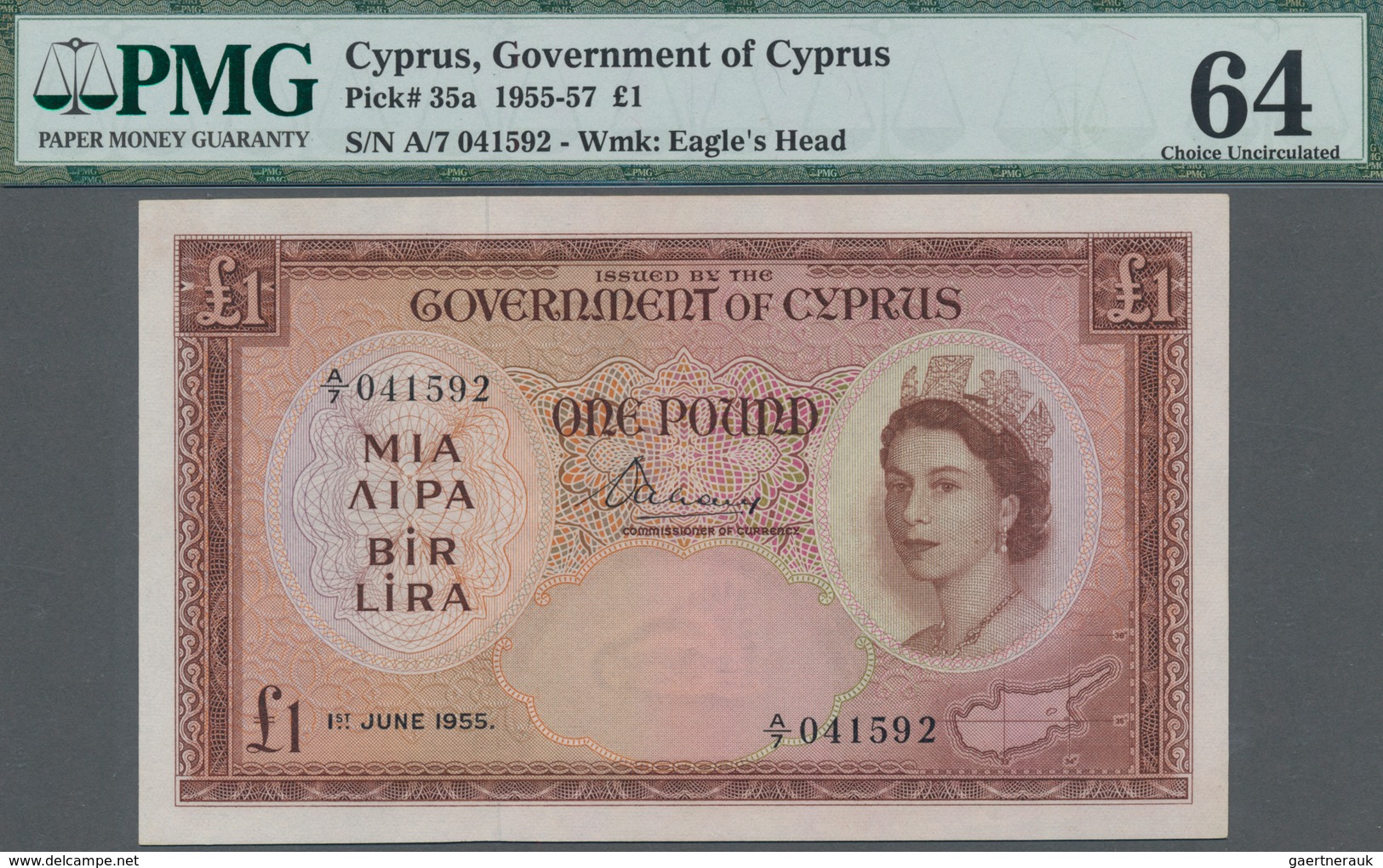 Cyprus / Zypern: Government Of Cyprus 1 Pound 1955, P.35a, Almost Perfect Original Shape, PMG Graded - Zypern
