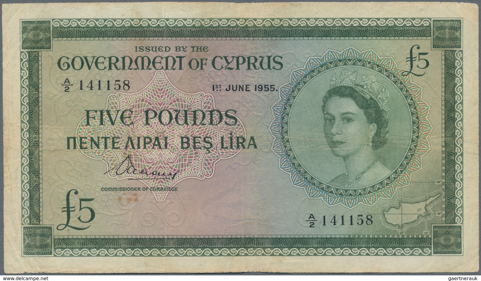 Cyprus / Zypern: The Government Of Cyprus 5 Pounds 1955, P.36, Highest Denomination Of This Series A - Chypre