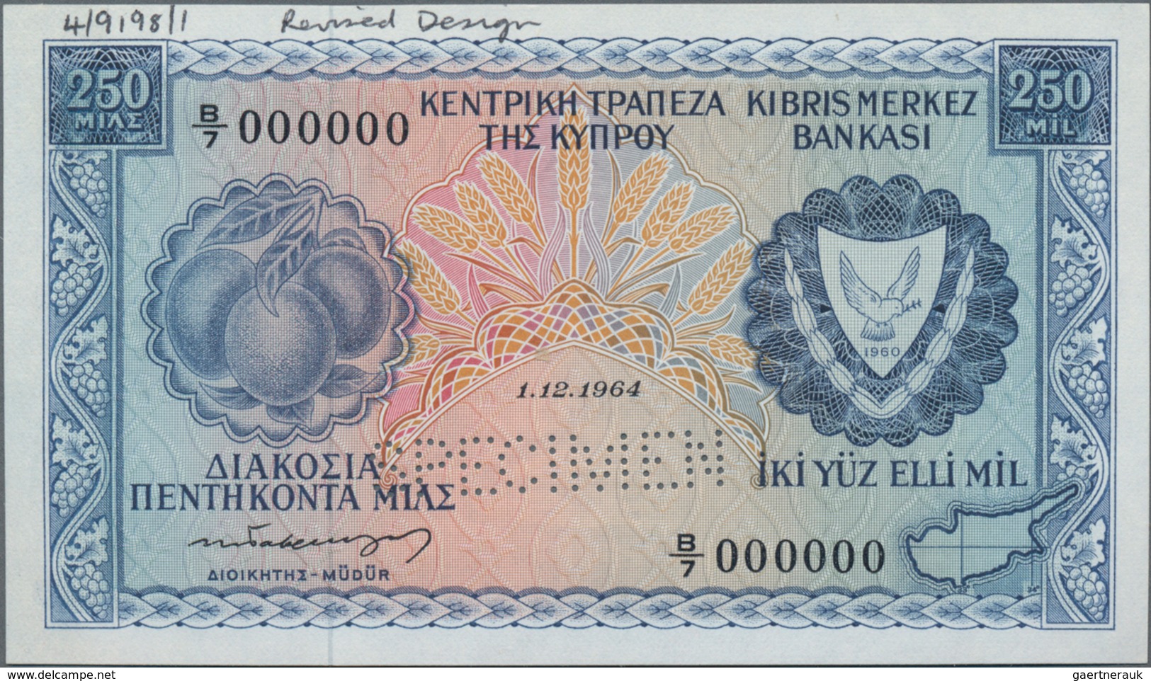 Cyprus / Zypern: Central Bank Of Cyprus Very Nice Set With 3 Specimen Notes Including 250 And 500 Mi - Zypern