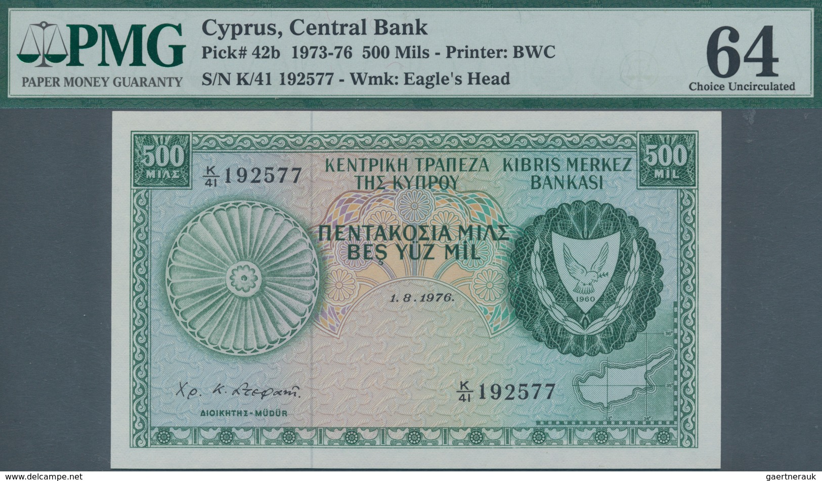 Cyprus / Zypern: Central Bank Of Cyprus 500 Mils 1976, P.42b, PMG Graded 64 Choice Uncirculated. - Chypre