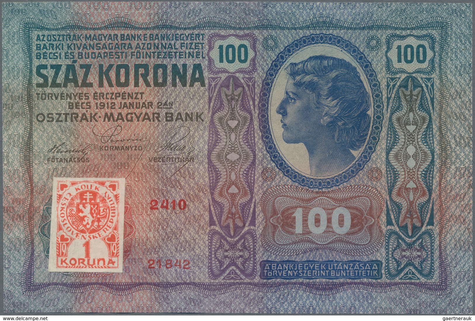 Czechoslovakia / Tschechoslowakei: Republika Československá 100 Korun 1912 (1919) With Adhesive "1 K - Tschechoslowakei