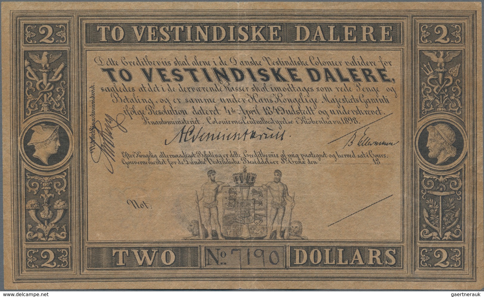 Danish West Indies / Dänisch Westindien: 2 Westindiske Dalere L.1849 (1898) Remainder, P.8r, Very Ni - Danemark