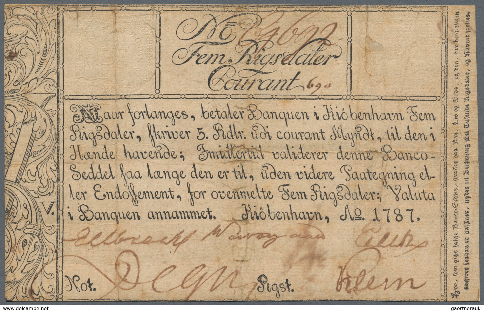 Denmark  / Dänemark: Banquen I Kiöbenhavn 5 Rigsdaler 1787, P.A29, Restored And Backed With Cardboar - Denmark