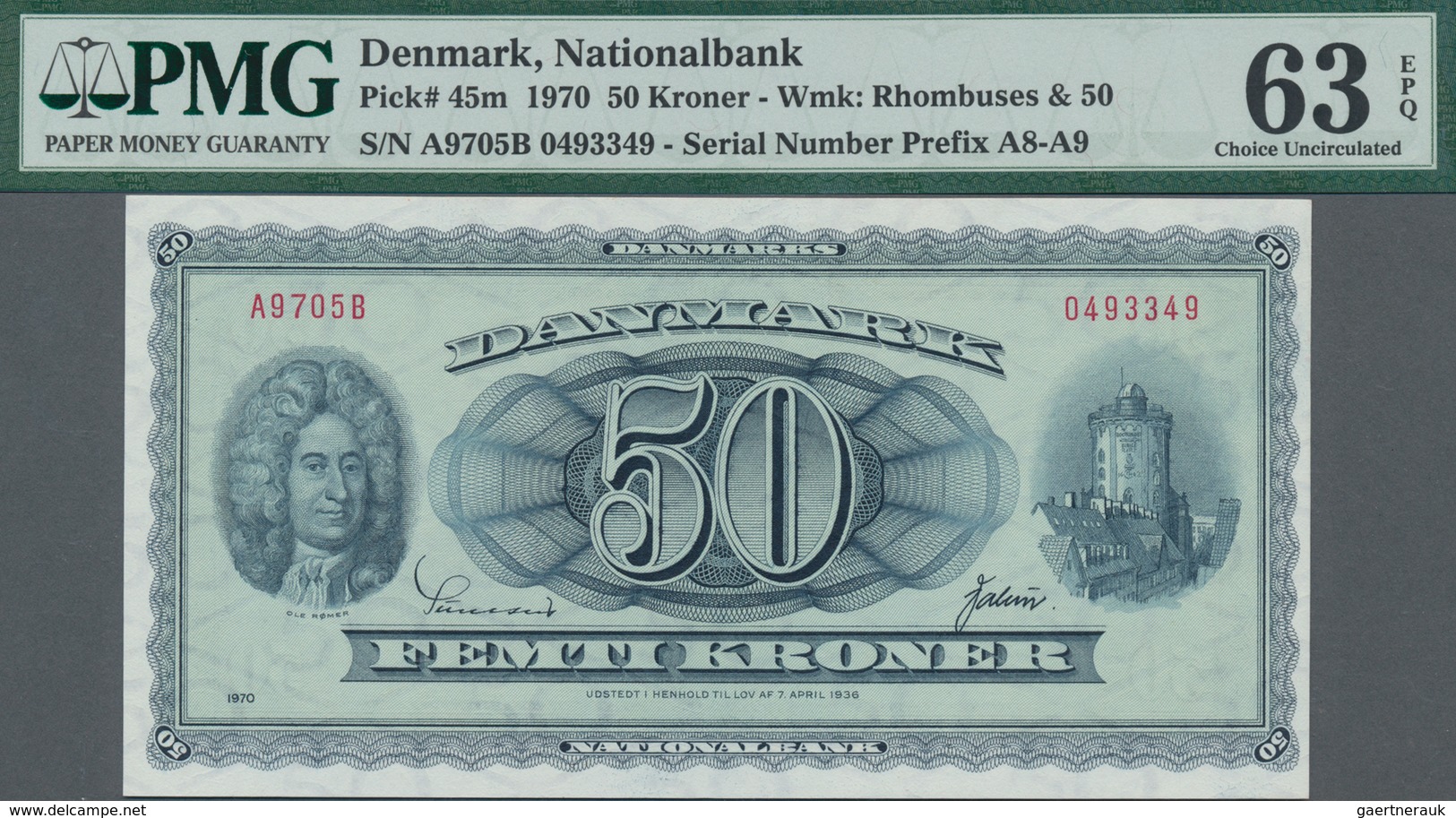 Denmark  / Dänemark: 50 Kroner 1970, P.45m In Perfect Condition, PMG Graded 63 Choice Uncirculated E - Denmark