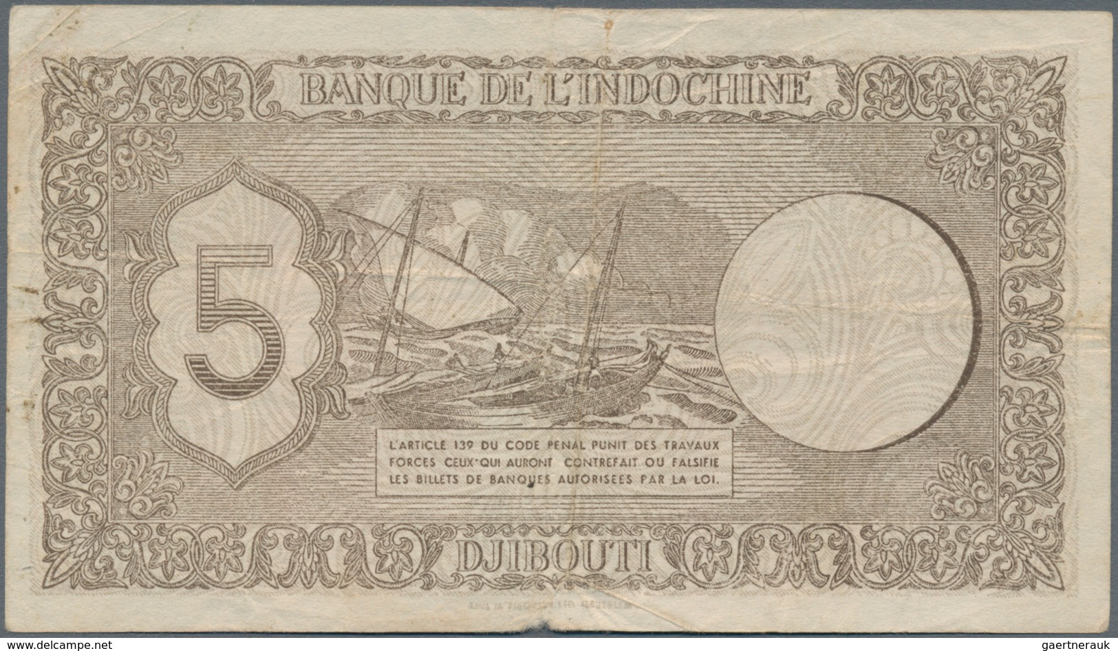 Djibouti / Dschibuti: Banque De L'Indochine 5 Francs ND(1945), P.14, Still Strong Paper With A Few M - Dschibuti