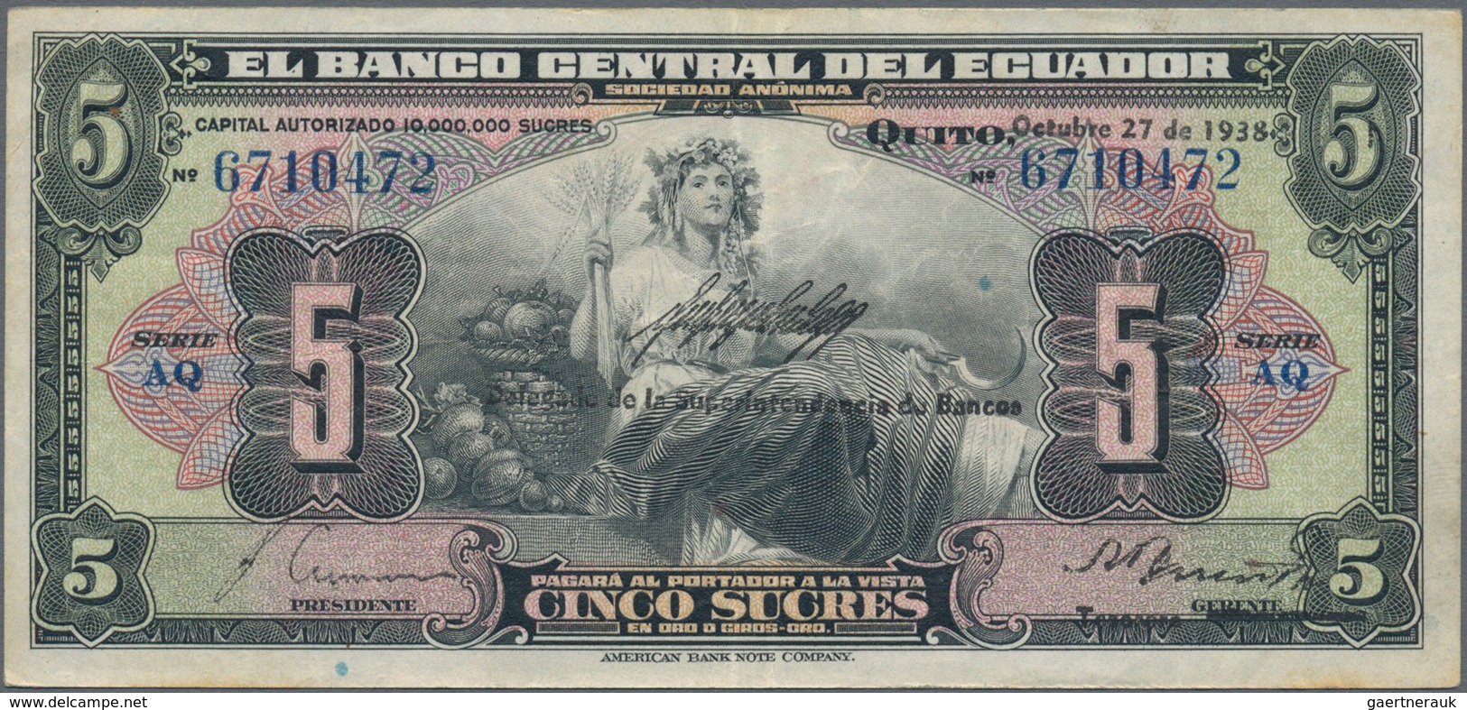 Ecuador: El Banco Central Del Ecuador 5 Sucres 1938 P.84d (VF), 5 Sucres 1945 P.91b (VF+) And Banco - Ecuador