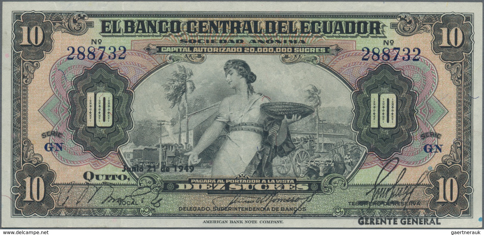 Ecuador: El Banco Central Del Ecuador 10 Sucres 1949 With Text "Capital Autorizado 20.000.000 Sucres - Equateur