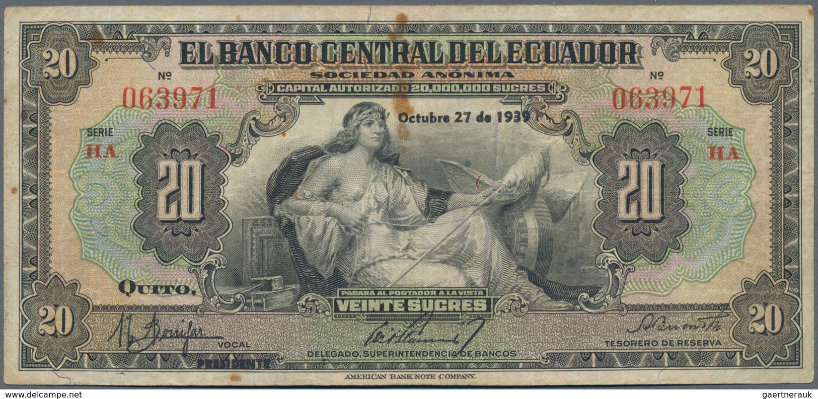 Ecuador: Banco Central Del Ecuador 20 Sucres 1939 Of The "Capital Autorizado 20.000.000 Sucres" Issu - Equateur