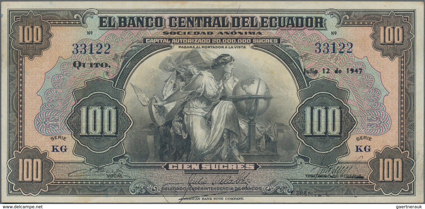 Ecuador: El Banco Central Del Ecuador 100 Sucres 1947 With Text "Capital Autorizado 20.000.000 Sucre - Ecuador