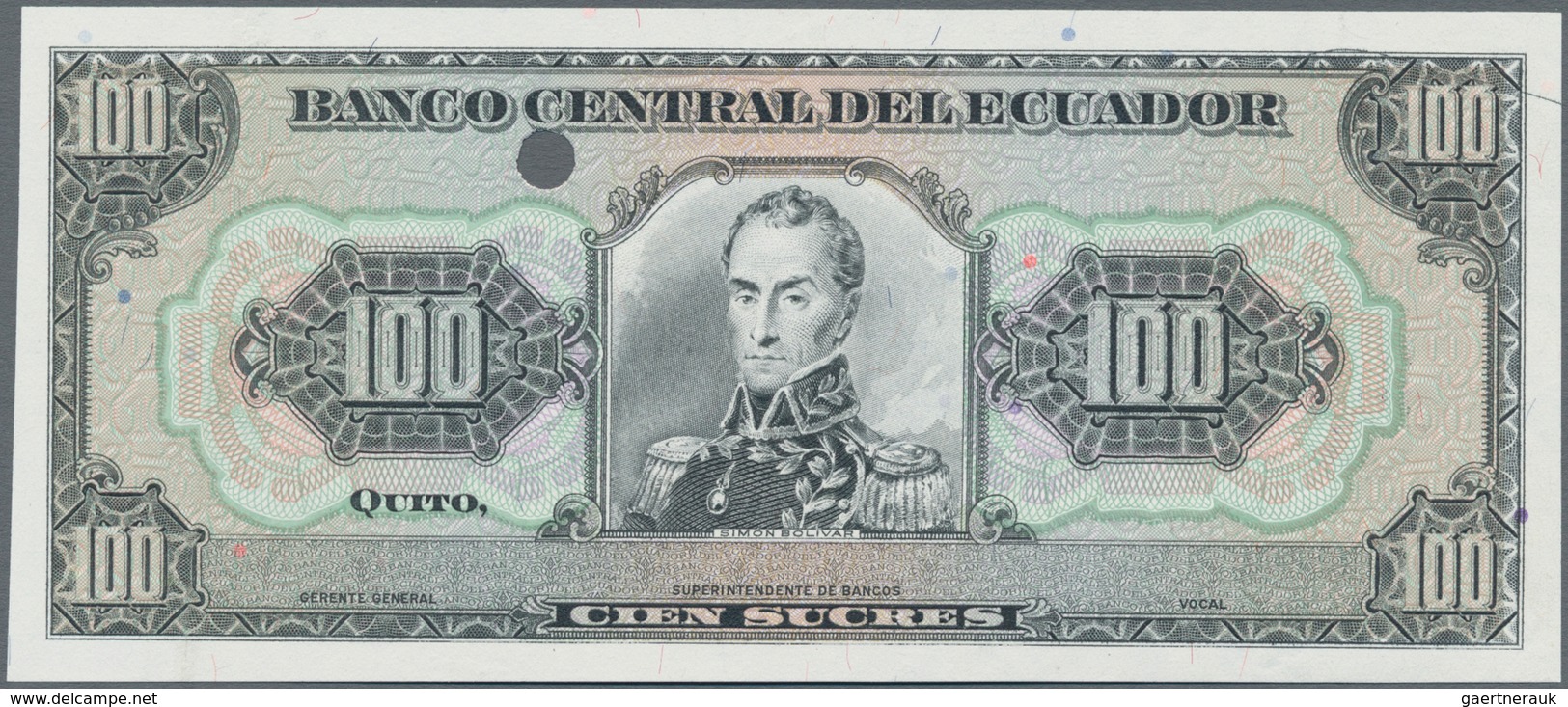 Ecuador: Banco Central Del Ecuador 100 Sucres 1988-97 PROOF, P.123Ap, Vertical Fold At Left Center O - Equateur