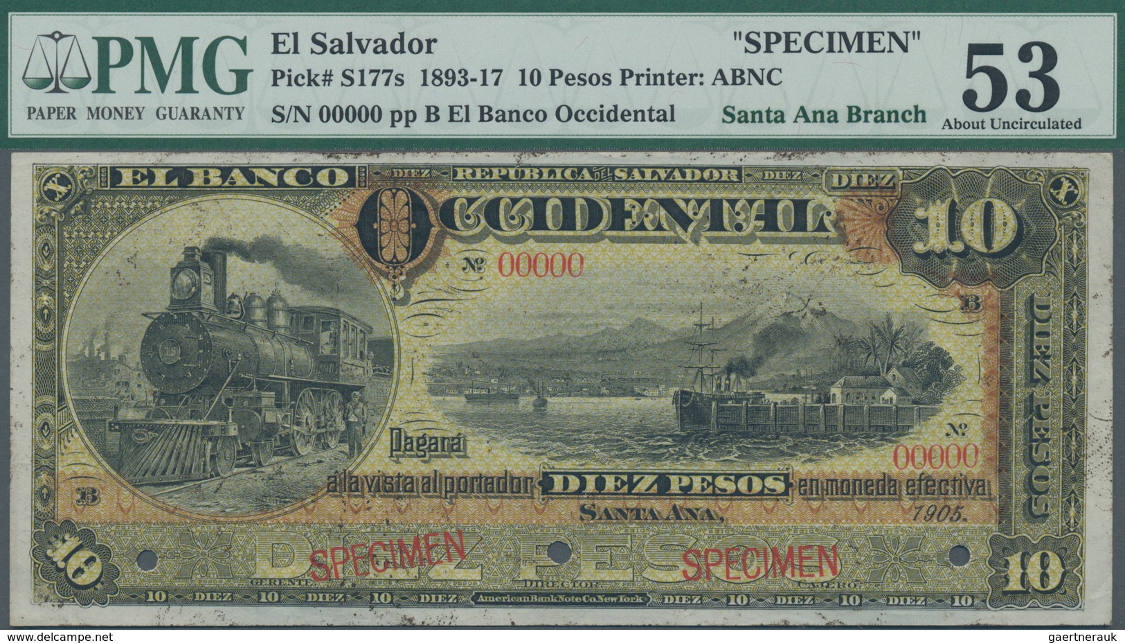 El Salvador: Banco Occidental De La Republica Del El Salvador 10 Pesos 1905, Santa Ana Branch SPECIM - El Salvador