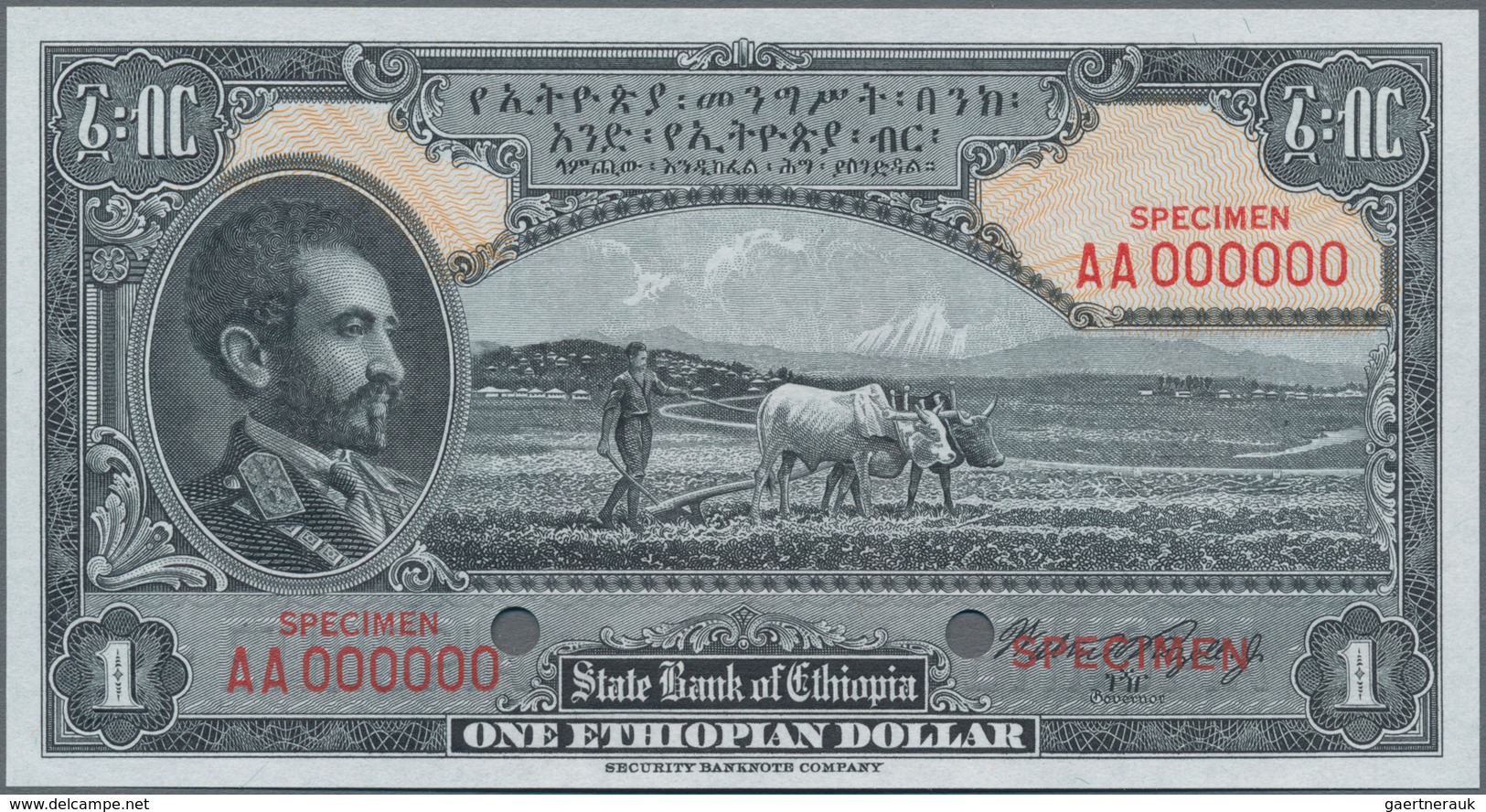 Ethiopia / Äthiopien: The State Bank Of Ethiopia 1 Dollar ND(1945) SPECIMEN With Signature Rozell, P - Ethiopie