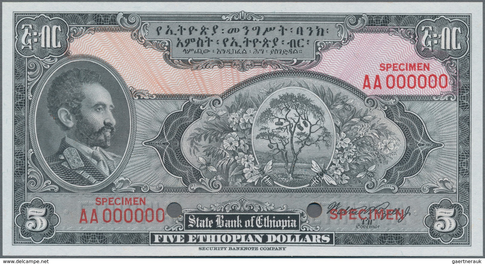 Ethiopia / Äthiopien: The State Bank Of Ethiopia 5 Dollars ND(1945) SPECIMEN With Signature Rozell, - Ethiopie