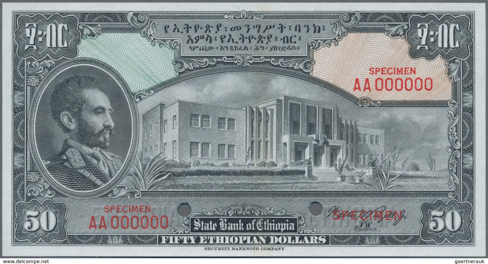 Ethiopia / Äthiopien: The State Bank Of Ethiopia 50 Dollars ND(1945) SPECIMEN With Signature Rozell, - Aethiopien