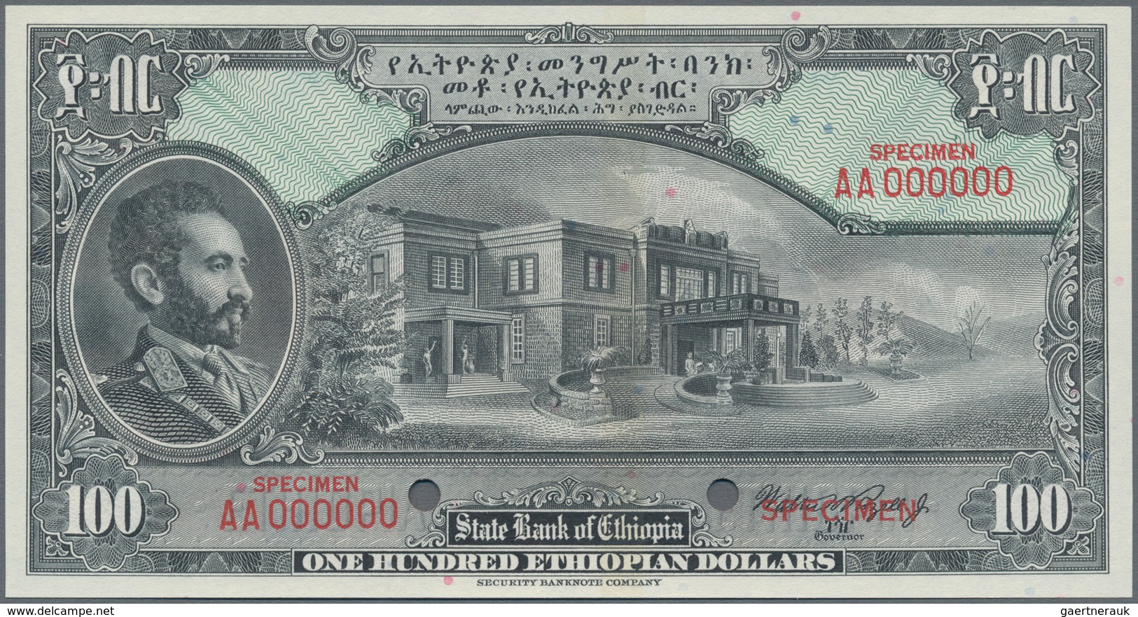 Ethiopia / Äthiopien: The State Bank Of Ethiopia 100 Dollars ND(1945) SPECIMEN With Signature Rozell - Ethiopie