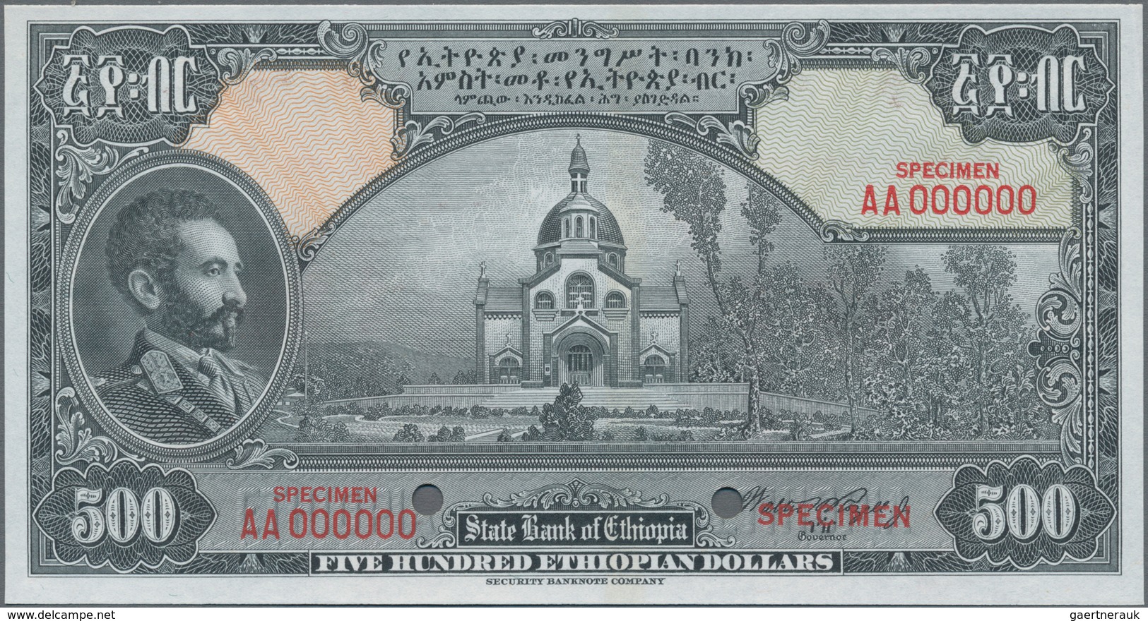 Ethiopia / Äthiopien: The State Bank Of Ethiopia 500 Dollars ND(1945) SPECIMEN With Signature Rozell - Aethiopien