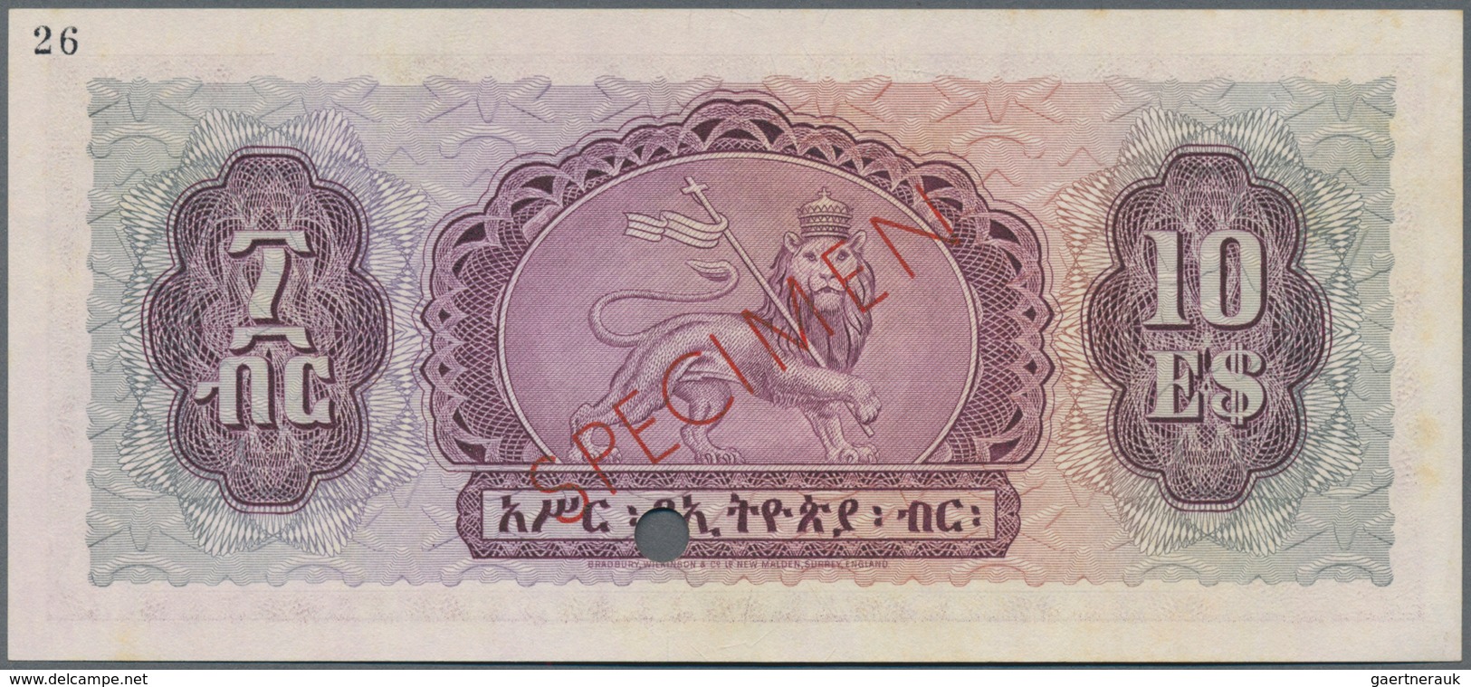 Ethiopia / Äthiopien: Bank Of Ethiopia 10 Dollars ND(1961) Color Trial SPECIMEN In Lilac Instead Of - Aethiopien
