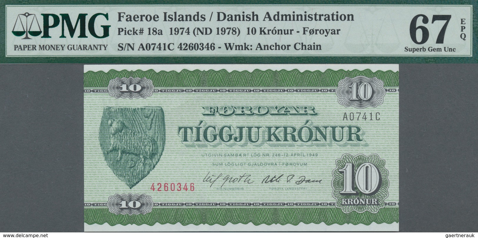 Faeroe Islands / Färöer: Lot with 4 banknotes containing 10 Kronur ND(1970-72) P.15d PMG 66 EPQ, 10