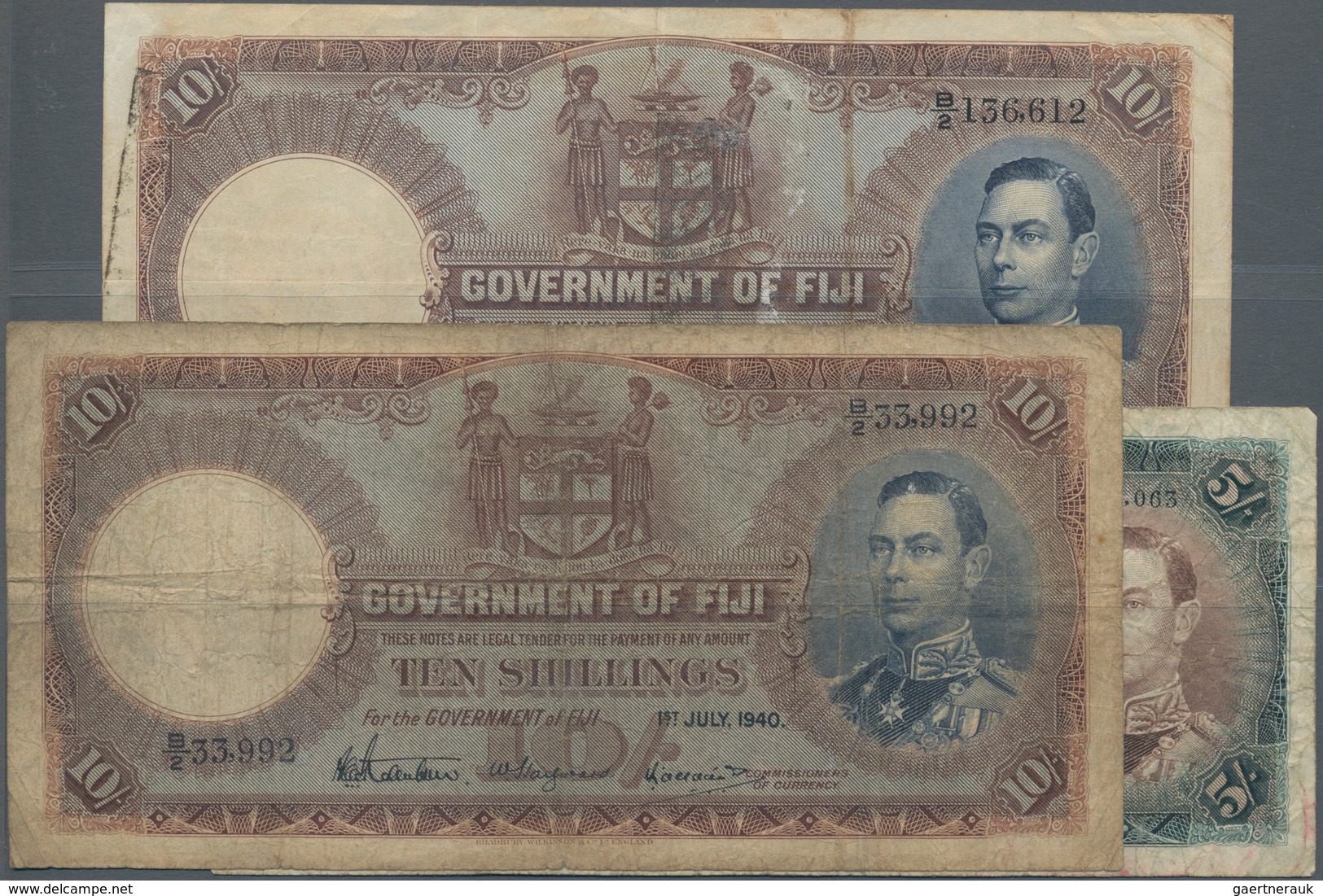 Fiji: Government Of Fiji 5 Shillings 1951 P.37 (F-), 10 Shillings 1940 P.38c (F-) And 10 Shillings 1 - Fiji