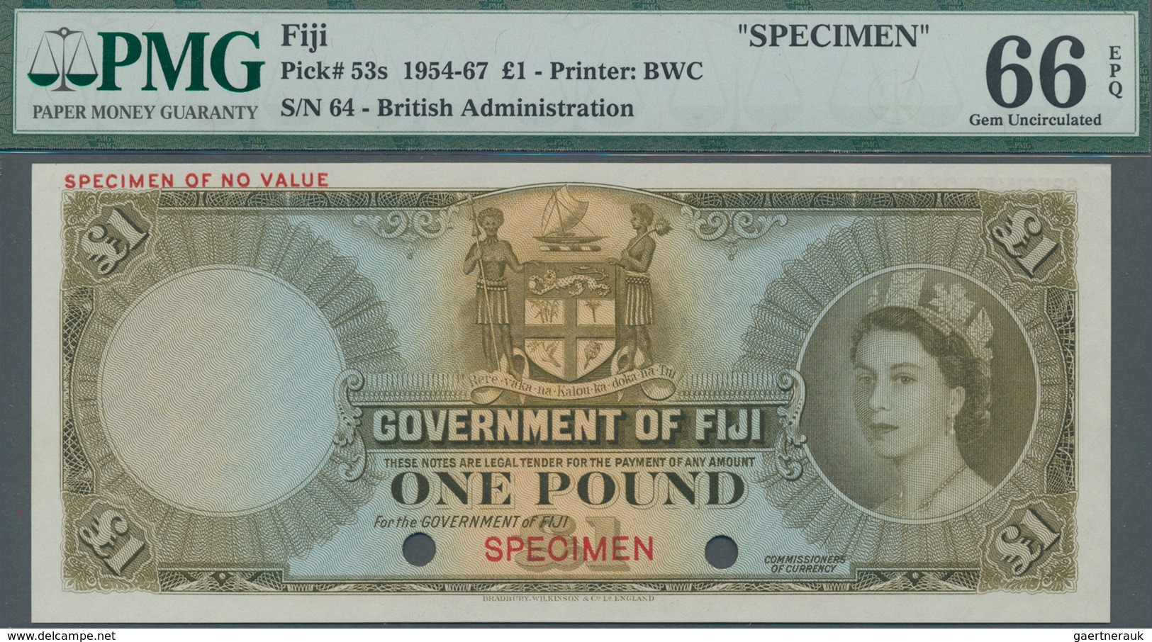 Fiji: Government Of Fiji 1 Pound 1954-67 SPECIMEN, P.53s, Red Overprint "Specimen" And "Specimen Of - Fiji