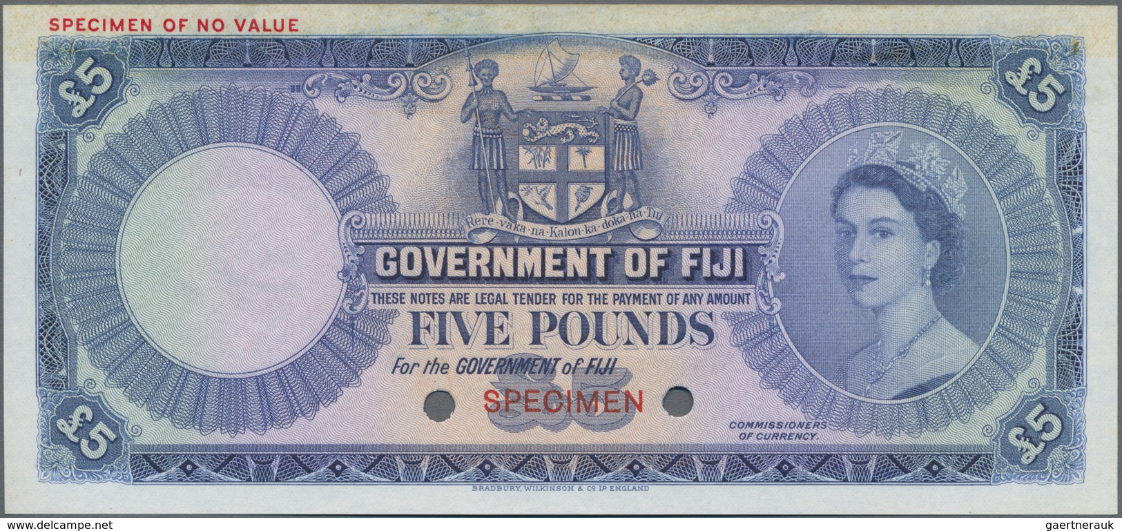 Fiji: Government Of Fiji 5 Pounds 1954-67 Color Trial SPECIMEN In Blue Instead Of Purple-green, P.54 - Fiji