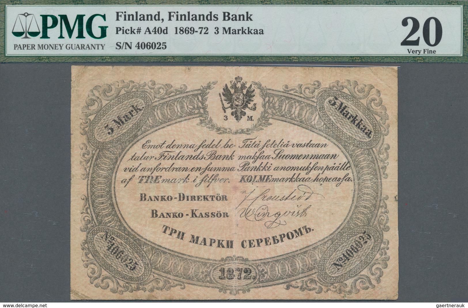 Finland / Finnland: Finlands Bank 3 Markkaa 1872, P.A40d, Still Great Condition With Minor Repairs A - Finland