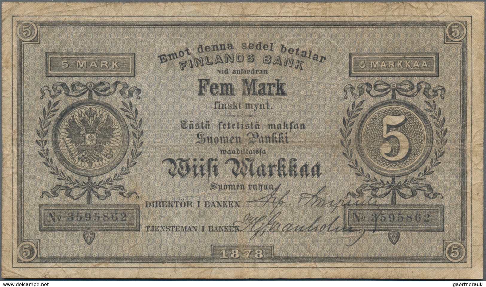 Finland / Finnland: Finlands Bank 5 Markkaa 1878 With Printed Signatures, P.A43b, Still Nice Conditi - Finnland